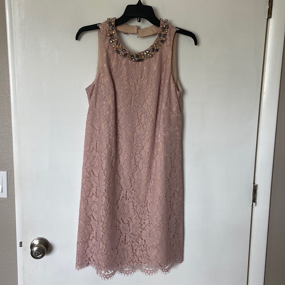 Eliza J a-line pink lace dress with jeweled neck line